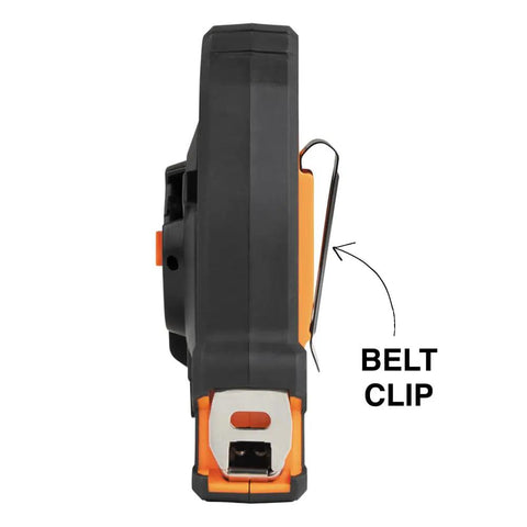 Side view of Closed Reel Tape Measure With 100 Foot Nylon Coated Blade Fast Three To One Gear Retracting Smooth Release Button And Safe Hook Storage
