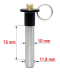 Badass Marine Grade Stainless Steel Ball Lock Quick Release Pin With Smooth Button Push, 75 mm length and 10 mm shaft.