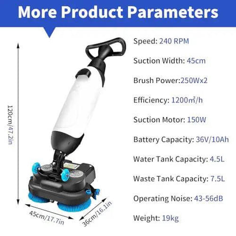 Lightweight 17 Inch Industrial Grade Commercial Floor Polisher With 240 RPM Buffer Dual Brush Heads shown with specifications.