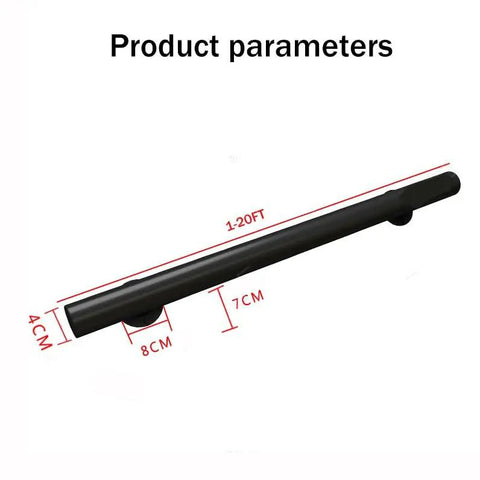 Tough As Nails Metal Handrails Built To Last, Adjustable 1 To 20 Ft Pipe Supports, black metal railing with measurements for stairs and decks.