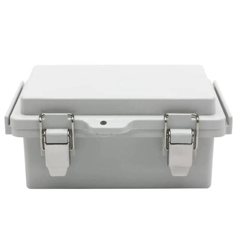 Front view of Grey Waterproof Outdoor Junction Box with Hinged Cover and Stainless Steel Latch IP67 rated 5.9x3.9x2.8 inch