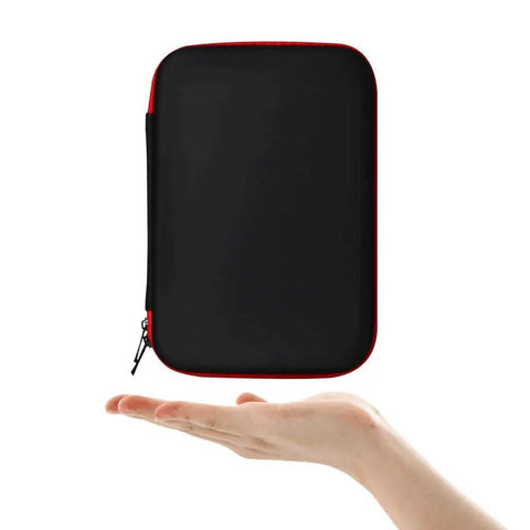 Slick Diabetic Supply Travel Organizer Case Built Different With Compact Eva Design, held in hand, black with red trim, 8.5x5.5x1.2 inches