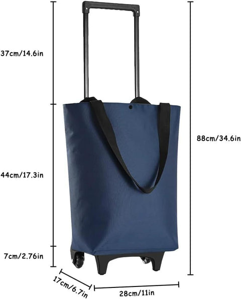 Foldable Shopping Trolley With Wheels 2 In 1 Reusable Grocery Tote Bag Dark Blue shown with measurements and extended handle