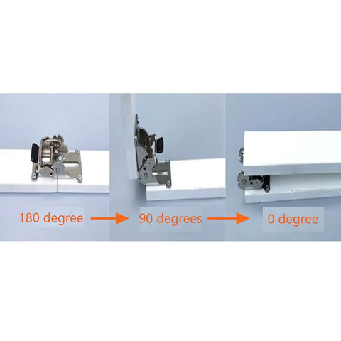 No Sweat Heavy Duty Foldable Support Brackets With Self Locking Hinges For DIY Workbenches And Furniture Legs Black Corner Braces showing 180, 90, and 0 degree positions.