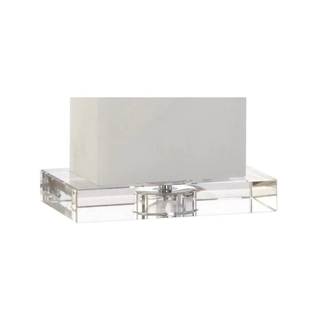 White Alabaster 27 Inch Rectangular Table Lamp With White Linen Shade, base detail with clear acrylic and alabaster material