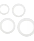 Four white silicone gaskets from the Silicone Gasket Replacement Set 10 Pieces For Coffee Pot Lids And Jar Seals Great For Coffee Nerds And Everyday Kitchen Gear Keeps Coffee Fresh And Aroma Locked In For Your Home Brewing Game shown on a white background.