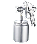 Heavy Duty Pneumatic Spray Gun With Swappable Cups For Slick Home Painting Projects Featuring Rapid Atomizing Nozzle and Dead Simple Zero Hassle Cleanup Routine in shiny metal finish.