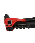 FLZOSPER Heavy Duty Pop Rivet Gun With 200 Pcs Aluminum Blind Rivets Assortment Kit side view showing red ergonomic grip and interchangeable heads.