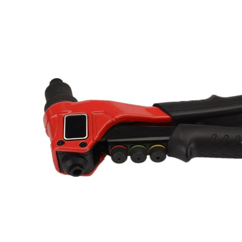 FLZOSPER Heavy Duty Pop Rivet Gun With 200 Pcs Aluminum Blind Rivets Assortment Kit side view showing red ergonomic grip and interchangeable heads.