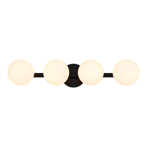 Sleek Matte Black Four Light Vanity Light Fixture With Opal Glass Globes, Modern Wall Sconce for Bathroom Mirrors and Vanities, Front View