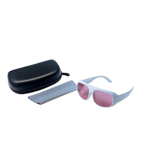 Top Shelf Near Infrared Laser Safety Eyewear shielding your peepers from 740 to 850Nm with black case and gray pouch.