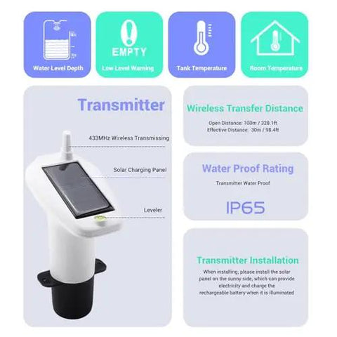 Liquid Level Sensor With Digital Readout And Wireless Transmitter Receiver For Water Tanks, Precise 1 To 5 Meter Depth, IP65 rating
