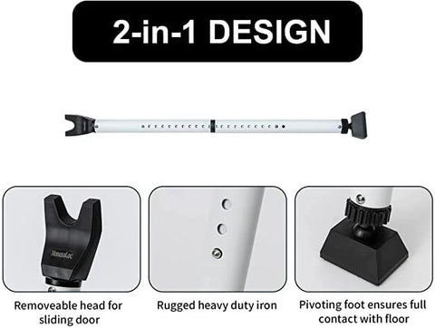 2 In 1 Door Security Bar For Hinged And Sliding Doors Adjustable Heavy Duty Jammer With Interchangeable Heads Locks Against Break Ins For Home Apartment Travel School Or Dorm Extends 28 To 45 Inches White Pack Of 2, side view, showing interchangeable heads and pivoting foot.