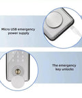 Premium Wireless Fingerprint Door Lock With Remote App Control And Cell Phone Backup Key showing USB power supply and emergency key.