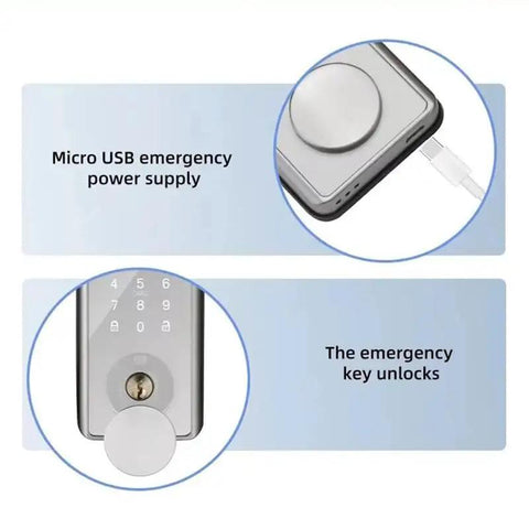 Premium Wireless Fingerprint Door Lock With Remote App Control And Cell Phone Backup Key showing USB power supply and emergency key.