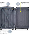 Open interior view of Delsey Paris Helium Aero 24-inch brushed charcoal luggage; left cross straps, right mesh divider, spinner wheels.