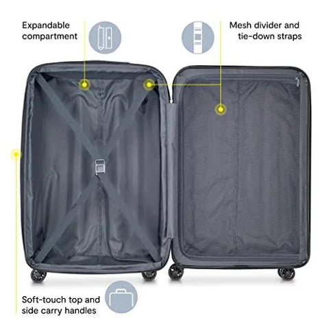 Open interior view of Delsey Paris Helium Aero 24-inch brushed charcoal luggage; left cross straps, right mesh divider, spinner wheels.