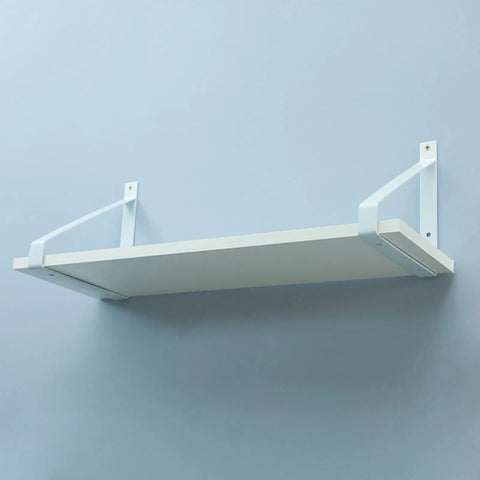Heavy Duty Metal Shelf Brackets, Super Sturdy Industrial Floating Shelf Supports With Screws, 30 Inch shelf mounted on light blue wall.