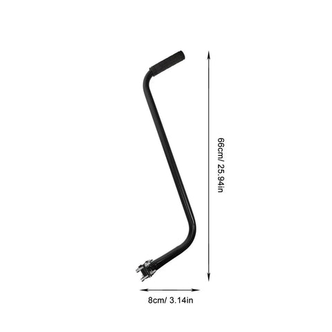 Black Kids Bike Safety Trainer Handle And Balance Push Bar with silicone grip and measurements for cycling practice guidance.