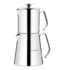 Aqua Turkish Teapot Set In Eighteen Ten Stainless Steel With Double French Press Samovar Style Kettle With Metal Handles 30 Oz And 50 Oz Capacity Perfect For Tea Coffee Or Herbal Brews At Home, featuring a sleek design and metal handles.