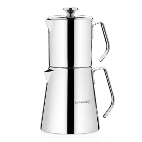 Aqua Turkish Teapot Set In Eighteen Ten Stainless Steel With Double French Press Samovar Style Kettle With Metal Handles 30 Oz And 50 Oz Capacity Perfect For Tea Coffee Or Herbal Brews At Home, featuring a sleek design and metal handles.
