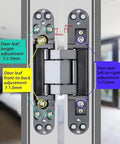 Heavy Duty Concealed Door Hinge Rock Solid Zero Gap Flush Mount For Wood And Folding Doors 180 Degree Silent Smooth Operator showing adjustment features.