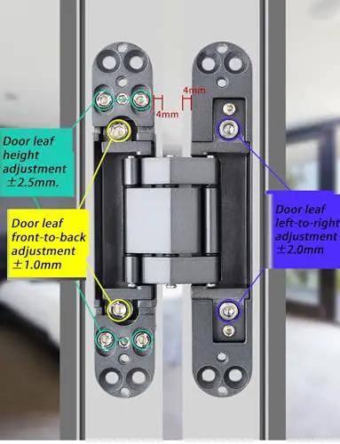 Heavy Duty Concealed Door Hinge Rock Solid Zero Gap Flush Mount For Wood And Folding Doors 180 Degree Silent Smooth Operator showing adjustment features.