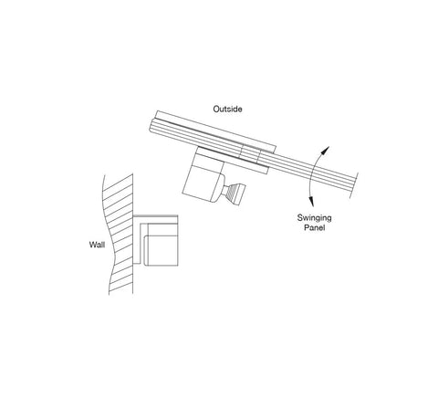 Diagram of Rock Solid 316 Polished Stainless Steel Gate Latch for Half Inch Tempered Glass, showing wall and swinging panel.