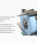 Pro Grade Electric Knife Sharpener And Water Cooled Bench Grinder with blue grinding wheel for tool sharpening.