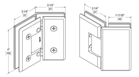Diagram of Heavy Duty Adjustable 135 Degree Glass To Glass Hinge In Brushed Nickel For Three Eighths To One Half Inch Glass Doors Up To 36 Inches Wide