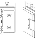 Technical diagram showing dimensions of a Heavy Duty Adjustable 135 Degree Glass To Glass Hinge For Three Eighths Inch Or One Half Inch Doors Up To Thirty Six Inches Wide Self Closing Within Twenty Five Degrees Polished Chrome Finish Built To Last No Fuss Door Hardware.