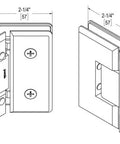 Diagram of Oceana Heavy Duty Adjustable 135 Degree Glass To Glass Hinge for 3/8 to 1/2 inch doors, polished nickel finish.