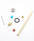 On/off valve repair kit parts for Malockos waterjet cutter: seals, O-rings, brass fitting, blue plug, steel pin, rod.