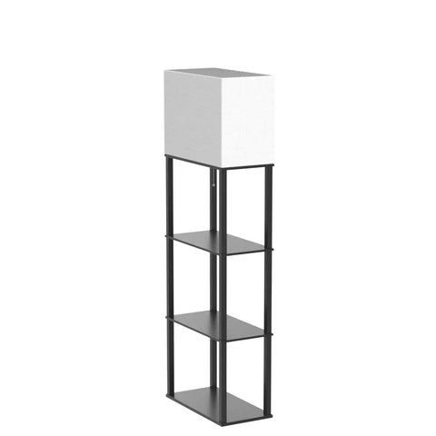Cool Modern Floor Lamp With Shelves And Three Color LED Bulbs, sturdy wood frame, built-in display, black finish.