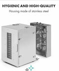 Top Tier 16 Tray Stainless Steel Food Dehydrator With Adjustable Temp Dial Electric Jerky Dryer showing stainless steel housing and fans.