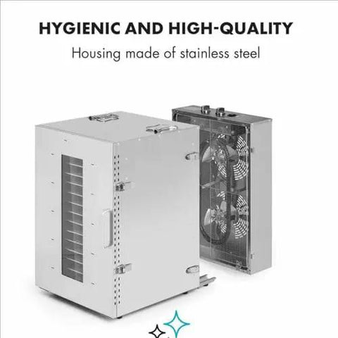 Top Tier 16 Tray Stainless Steel Food Dehydrator With Adjustable Temp Dial Electric Jerky Dryer showing stainless steel housing and fans.