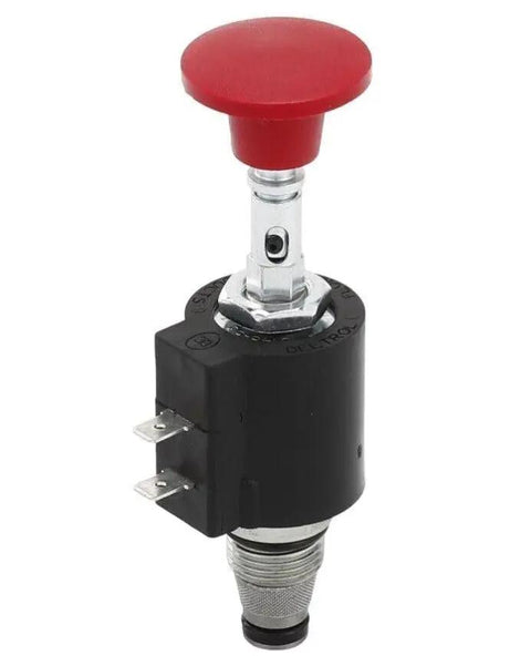 Kickass Genuine OEM Manual Lowering Valve For Genie Lift Gr 08 Gr 12 Gr 15 Sweet Hydraulic Control Part with red push button and metal base.