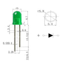 Green 5mm LED with technical drawing from 600 Piece 5mm LED Diode Assortment Kit In Six Colors White Red Yellow Green Blue Orange