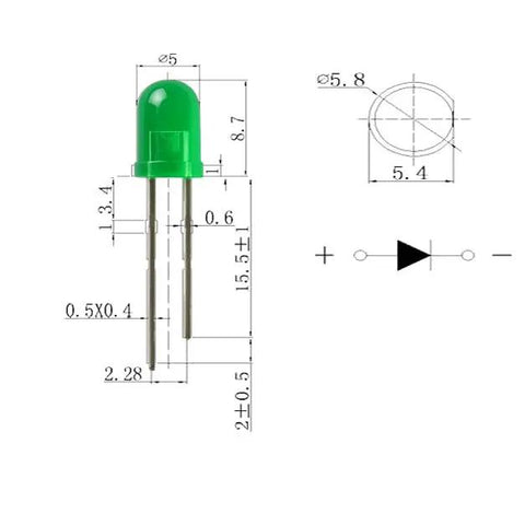 Green 5mm LED with technical drawing from 600 Piece 5mm LED Diode Assortment Kit In Six Colors White Red Yellow Green Blue Orange