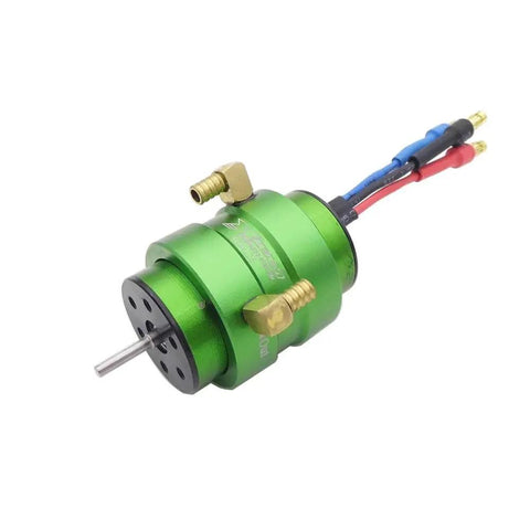 High Performance Brushless RC Boat Motor Kit With Water Cooling Jacket KV4500 2440 rotor shown in green casing with connectors