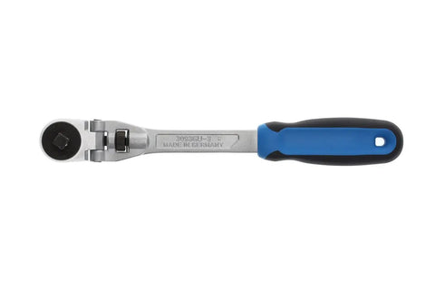 Auto Repair Swivel Head Reversible Ratchet With Three Eighths Inch Drive, 180 Degree Swivel, 72 Tooth Fine Tooth Mechanism, 282 Millimeter Length For Tight Car Repair And Auto Work Pro Grade Tool, shown with black and blue handle.