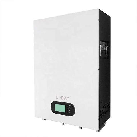 Smart Touch Display 51.2V 100Ah Lithium Ion Battery for home energy storage power wall, sleek white and black design.