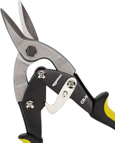 Amazon Basics straight-cut aviation snip with black and yellow handles and metal blades.
