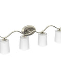 Inspire Collection Four-Light Bath Vanity Light With Etched Glass Shades In Brushed Nickel Finish for coastal modern bathrooms