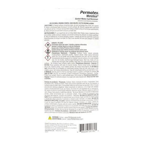 Back view of MotoSeal 1 Ultimate Gasket Maker Grey packaging, showing instructions and warnings for use on engines, 2.7 oz size.