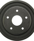 Rear brake drum, black metal with five lug holes and center bore for Ford models.