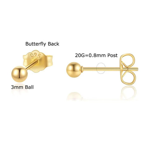 3mm Gold Ball Stud Earrings for Women, Tiny Minimalist Cartilage Helix Earlobe Piercing Jewelry in 316L Stainless Steel, Hypoallergenic and Easy All Day Wear, 2mm 3mm 4mm Ball Options, Perfect for Tragus, Conch, and Everyday Wear. gold 3mm ball stud with butterfly back and 0.8mm post