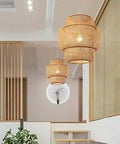 Chill Rattan Bamboo Pendant Light For Kitchen Island With Tiered Japanese Lantern Style, 19.5 Inch Hanging Fixture