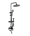 Top Shelf Bathroom Handheld Shower Set With Surface Mounted Faucet And Rust Proof 304 Stainless Steel Body Featuring Solid Copper Core three spray options and hose.