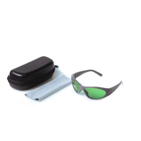Pro Grade Laser Safety Glasses Built For Heavy Duty Red Diode Work Featuring Rock Solid OD Lens in black case with cleaning cloth.